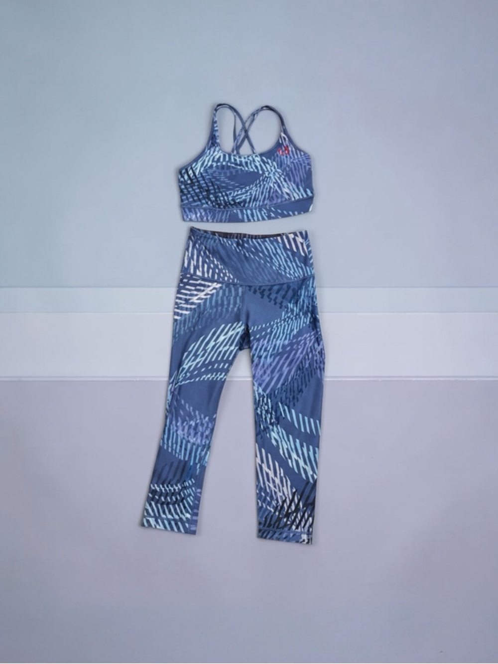 Peloton Blue Patterned Sports Bra and Leggings Set
